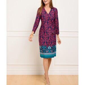 Talbots Petite Wrap Dress Navy Pink Floral Print medium floral damask boho‎ blue